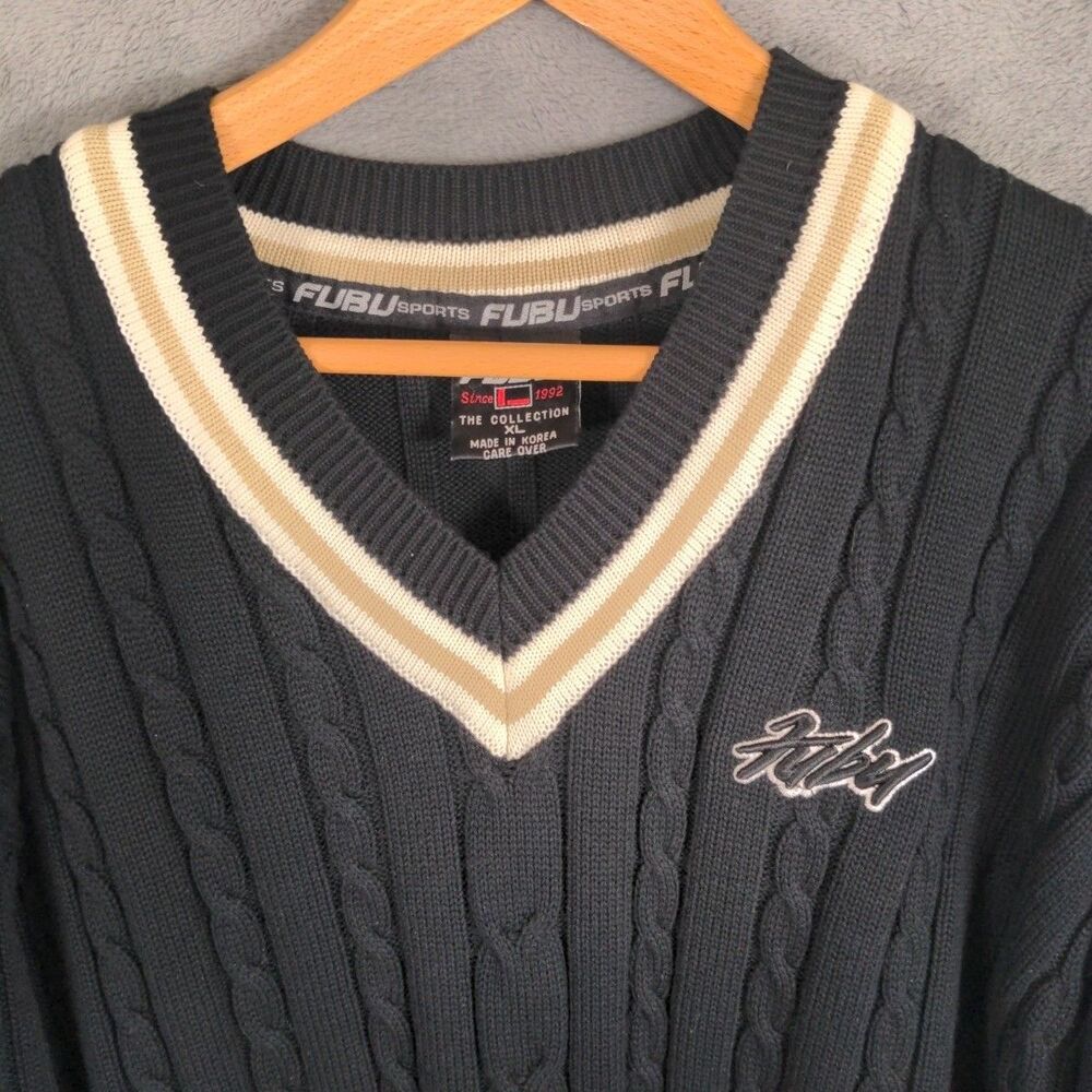 Vintage Y2K FUBU Cable Knit Sweater Men's XL Black Long Sleeve Pullover Preppy - Picture 2 of 6